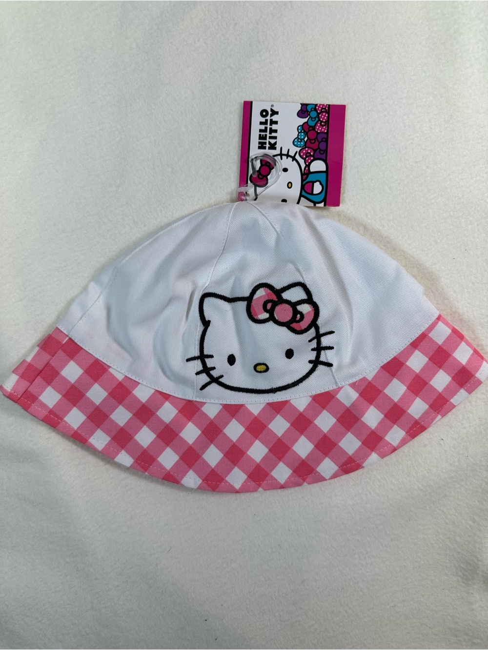 NWT Hello Kitty Kids’ White Bucket Hat Pink Gingham Trim - Picture 1 of 5